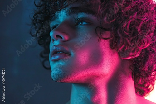 Close up view from the side. Young man with curly hair is indoors illuminated by neon lighting.  with generattive ai photo