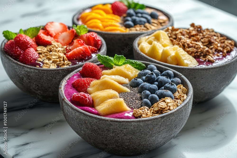 healthy breakfast bowls, colorful smoothie bowls with fruit, granola, and chia seeds on a marble surface, providing a nutritious and satisfying breakfast option