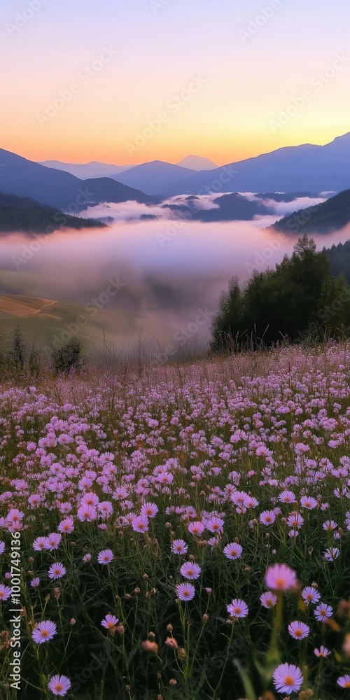 Obraz premium A beautiful field of flowers with a mountain in the background. The sky is a mix of orange and pink hues, creating a serene and peaceful atmosphere