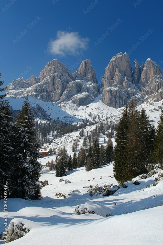 Fototapeta premium A mountain range covered in snow with a few trees in the foreground. The sky is clear and blue