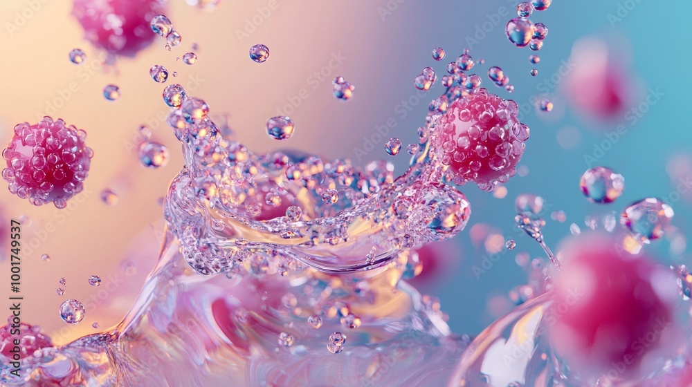 Fototapeta premium Close-up of pink berries splashing into clear water with vibrant bubbles