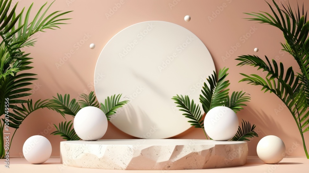 Fototapeta premium Elegant design display featuring a minimalist backdrop with lush greenery and spherical elements at a contemporary art space. Generative AI