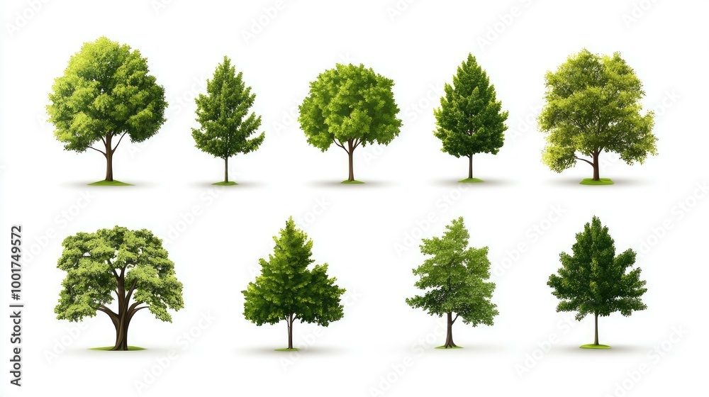 Fototapeta premium Set of ten realistic trees with green leaves isolated on white background.