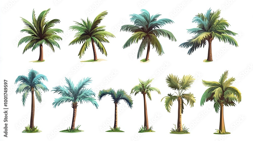 Fototapeta premium Set of twelve realistic palm trees with green leaves isolated on white background.