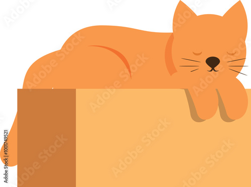 Cute ginger cat is taking a nap on a cardboard box, enjoying a moment of tranquility