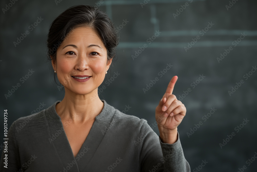 Asian school teacher standing in front of a blackboard pointing up toward copy space, selective focus on her face Asian school teacher standing in front of a blackboard pointing up toward copy space, selective focus on her face