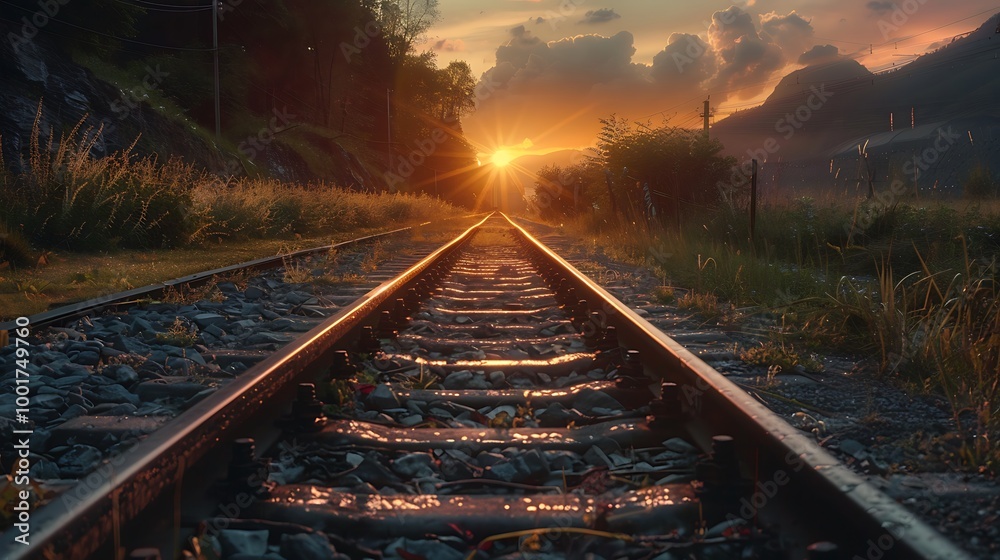 Naklejka premium Sunset casting a warm glow over a scenic railway track, creating a twilight adventure atmosphere