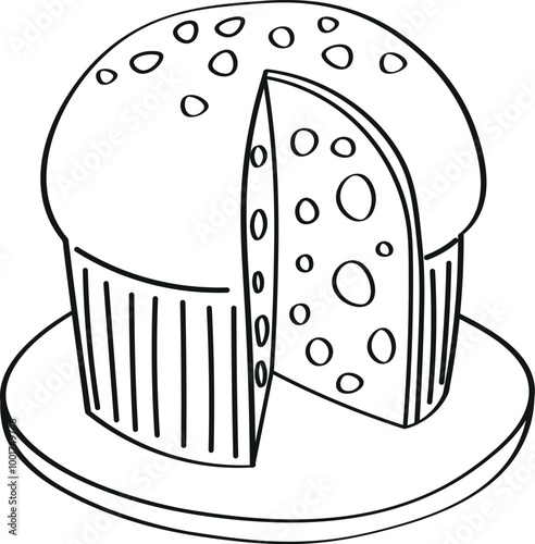 Panettone, Italian Christmas cake black and white vector illustration. Coloring page for kids