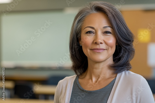 teacher smiling in an out of focus classroom in the background Free Download teacher smiling in an out of focus classroom in the background - GFXLoad