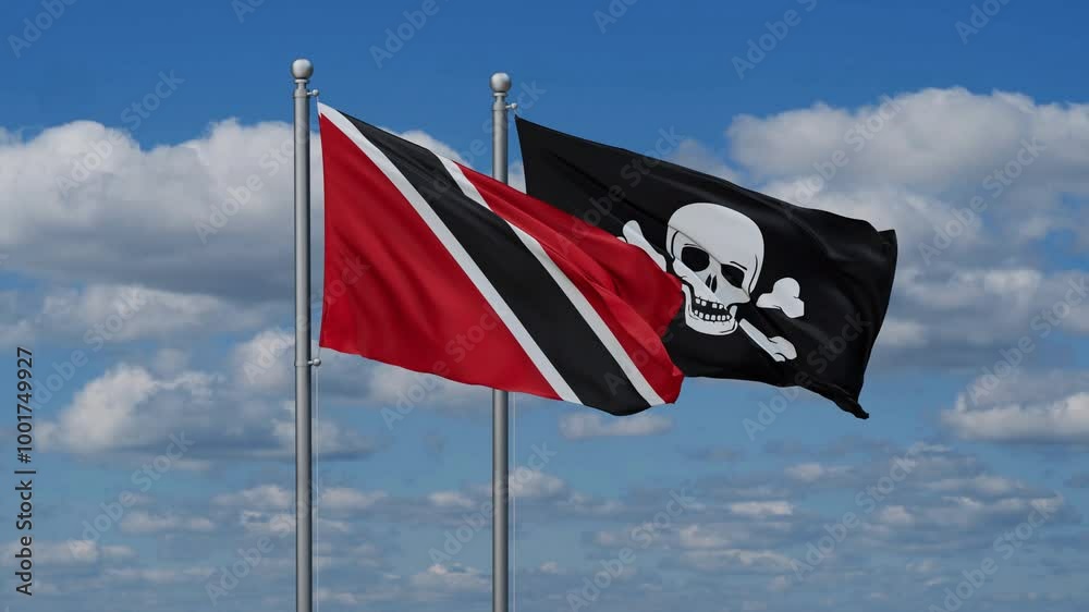 Trinidad and Tobago and Jolly Roger or pirate flags flying together, video concept of the relationship Trinidad and Tobago and Jolly Roger or pirate flags flying together, video concept of the relationship