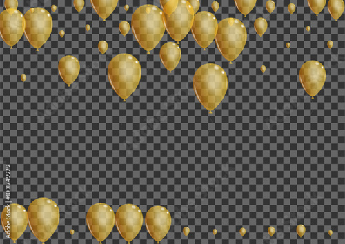 Golden Confetti Background Transparent Vector. Balloon Flying Illustration. Yellow Jubilee Balloon. Helium Gift Template.
