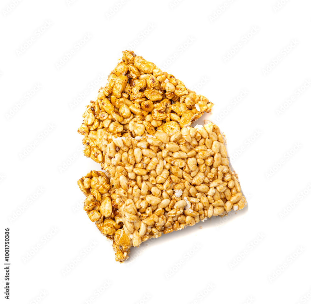 Puffed rice bar isolated, sweet wheat kozinaki, puff cereal block pieces, sugar crispy wheat bar, healthy popped dessert Puffed rice bar isolated, sweet wheat kozinaki, puff cereal block pieces, sugar crispy wheat bar, healthy popped dessert