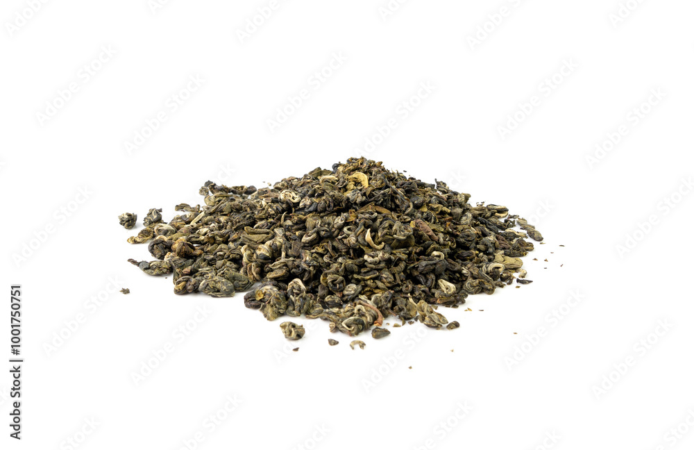 Yunnan Bi Luo Chun green tea leaves balls isolated, dry fresh herbal tea pile, healthy drink ingredient Yunnan Bi Luo Chun green tea leaves balls isolated, dry fresh herbal tea pile, healthy drink ingredient