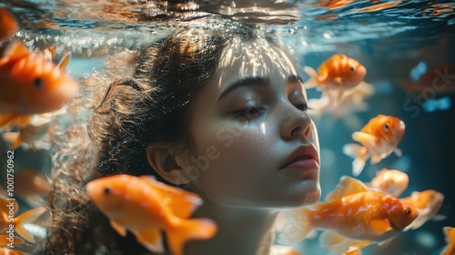 Portrait of a woman with her head immersed in a large aquarium, surrounded by colorful fish swimming gracefully around her photo