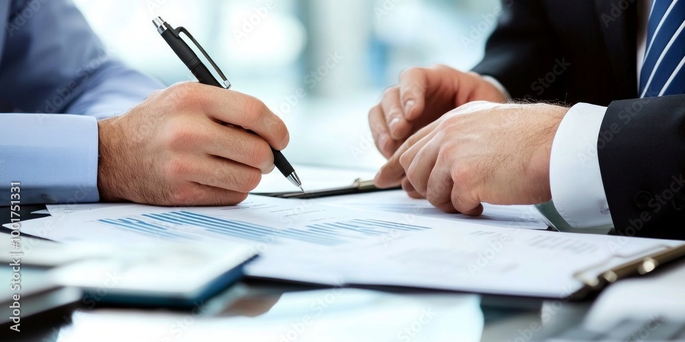 Two professionals collaborate on important paperwork. Their hands show a moment of decision and engagement. This image captures business meetings and teamwork in a modern office environment. AI Two professionals collaborate on important paperwork. Their hands show a moment of decision and engagement. This image captures business meetings and teamwork in a modern office environment. AI