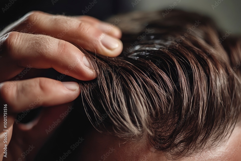 Naklejka premium Close-up of an unrecognizable man combing his toupee with his hand. Styling and hair care concept with generative ai