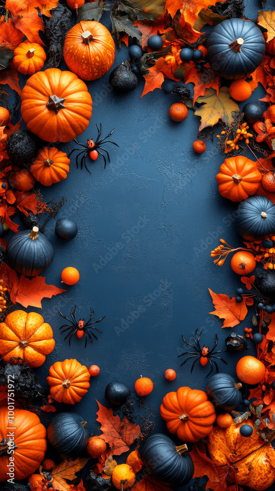 Fall pumpkins and leaves surround a dark blue background. Fall pumpkins and leaves surround a dark blue background.