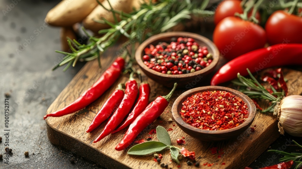 Fresh red chili peppers and spices on a wooden board Fresh red chili peppers and spices on a wooden board