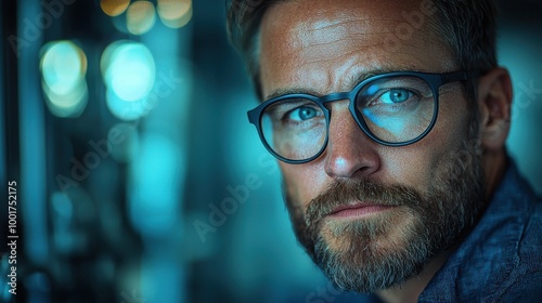 A man with glasses gazes thoughtfully while sitting at a cafe during the evening, illuminated by soft ambient light