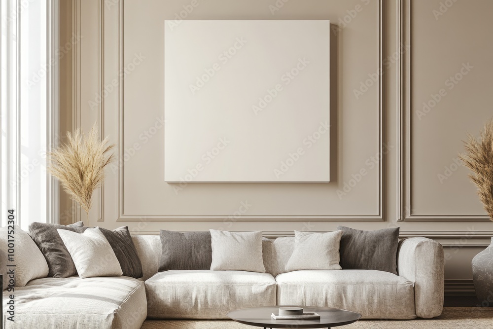 Fototapeta premium Modern Living Room Interior with Empty Canvas and Contemporary Design Details