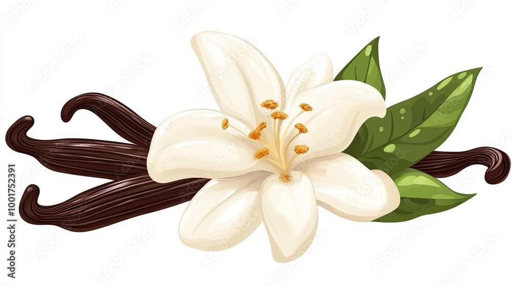 Two vanilla beans and a white flower with green leaves on a white background. Two vanilla beans and a white flower with green leaves on a white background.
