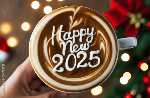 Obraz na płótnie Happy new 2025 year coffee late art, barista macchiato, hot beverage drink, festive background, template w salonie
