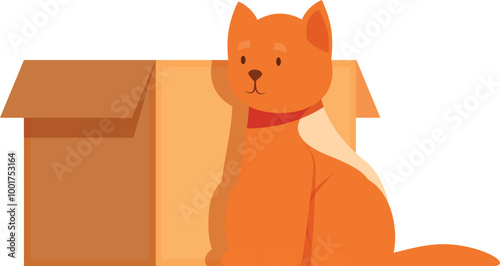 Cartoon illustration of a domestic shorthair cat sitting next to an empty box