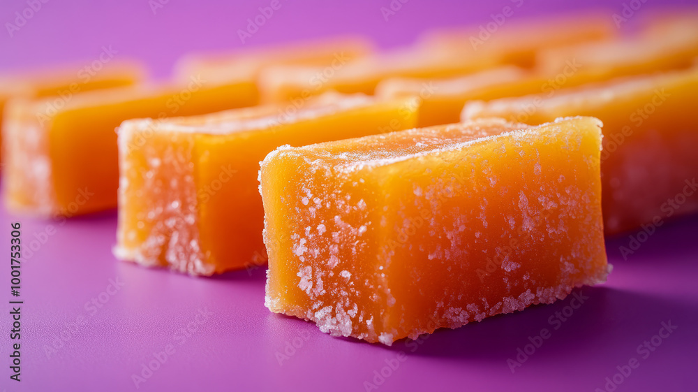 Rectangular orange candies on a purple background Rectangular orange candies on a purple background