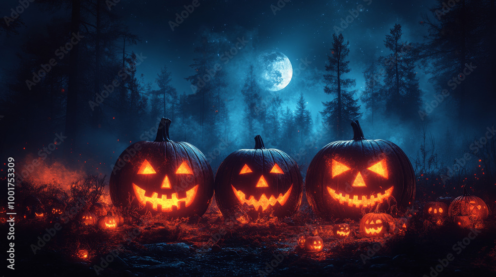 Spooky Jack-o'-lanterns glow in a dark forest. Spooky Jack-o'-lanterns glow in a dark forest.