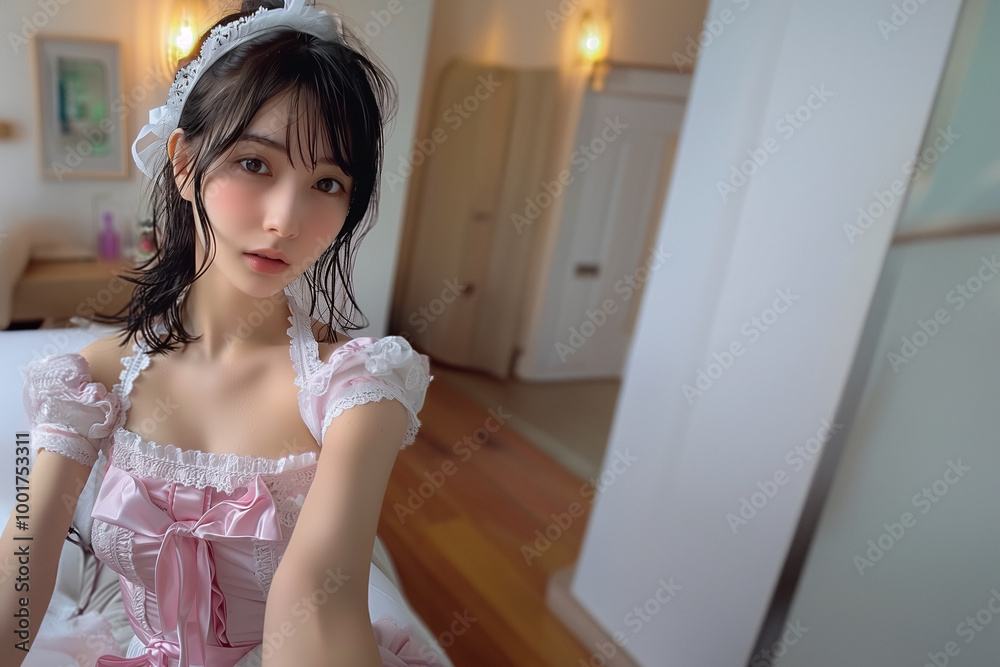 白いレースとピンクのメイド風コスプレ衣装 白いレースとピンクのメイド風コスプレ衣装