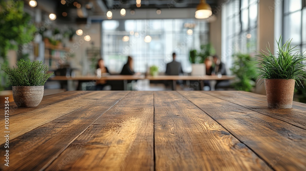 Wooden top with blurred empty office room background can be used for mocking up or display product Wooden top with blurred empty office room background can be used for mocking up or display product