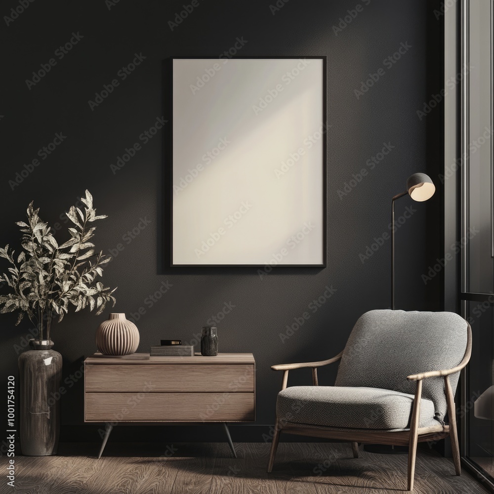 Minimalist Modern Living Room with Cosy Armchair and Mock Poster Minimalist Modern Living Room with Cosy Armchair and Mock Poster