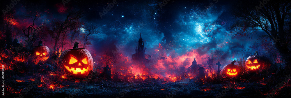 Spooky Jack-o'-lanterns glow in a fiery graveyard. Spooky Jack-o'-lanterns glow in a fiery graveyard.