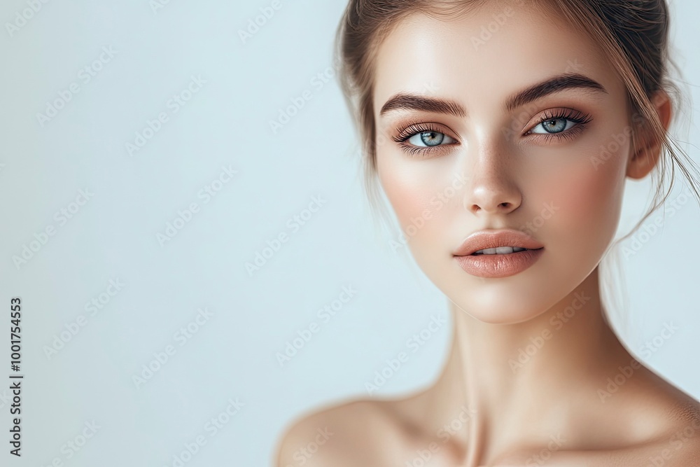 Close-up beautiful woman with makeup and bare shoulders with beautiful and soft skin and light background _ Make up and body care for fashion -with generative ai Close-up beautiful woman with makeup and bare shoulders with beautiful and soft skin and light background _ Make up and body care for fashion -with generative ai