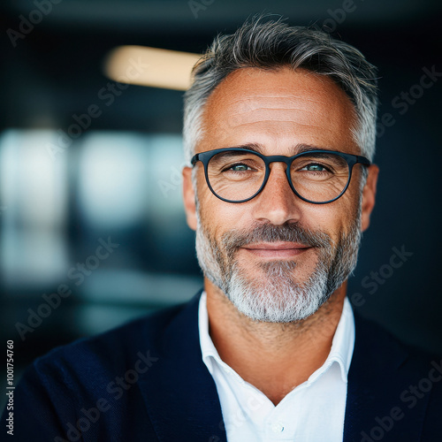 Happy middle aged professional business man, smiling mature emloyee, worker, office background.