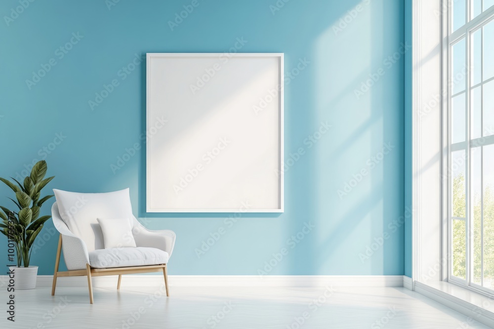 Modern Living Room Interior with Armchair and Book Library Frame on Light Blue Wall Modern Living Room Interior with Armchair and Book Library Frame on Light Blue Wall
