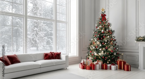 Festive Christmas Tree Decor in Modern White Living Room Interior