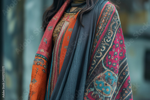 A vibrant blend of traditional textiles showcasing intricate designs worn at a cultural festival in an urban setting