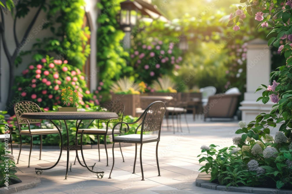 Peaceful Garden Patio with Wrought Iron Furniture Peaceful Garden Patio with Wrought Iron Furniture