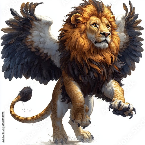 Lionoconda monsters scary, Lion Anaconda Eagle, Pose A massive lion with eagle wings and an anacondas tail, swooping down with talons extended, ready to strike