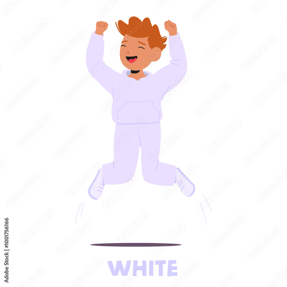 Happy Child Dressed Entirely In White Is Captured Mid-jump With Arms Raised In Excitement, Representing The Color White Happy Child Dressed Entirely In White Is Captured Mid-jump With Arms Raised In Excitement, Representing The Color White