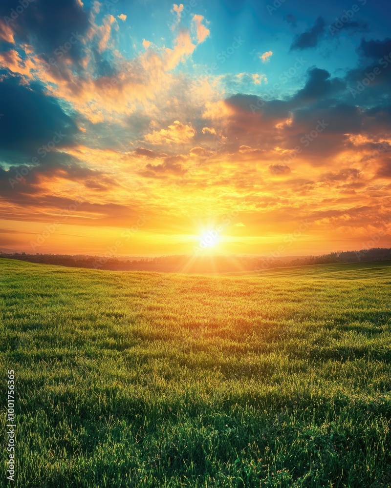 Fototapeta premium Colorful Sunrise over Lush Green Meadow with Blue Sky and Fluffy Clouds
