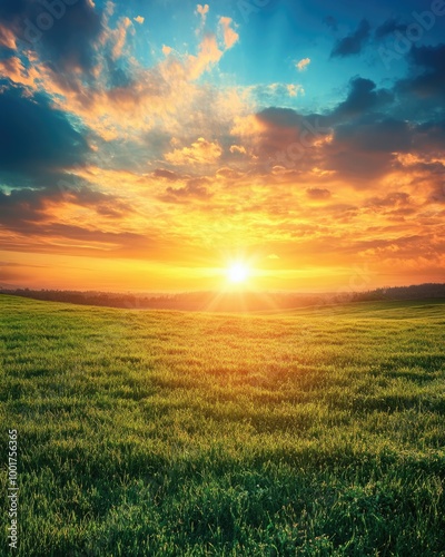 Colorful Sunrise over Lush Green Meadow with Blue Sky and Fluffy Clouds