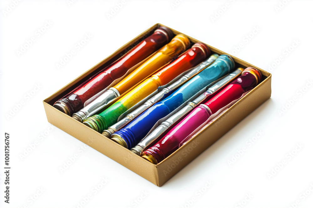 Fototapeta premium Artist's Toolkit: A Set of High-Quality Oil Paints in Metal Tubes, Neatly Arranged in a Wooden Box