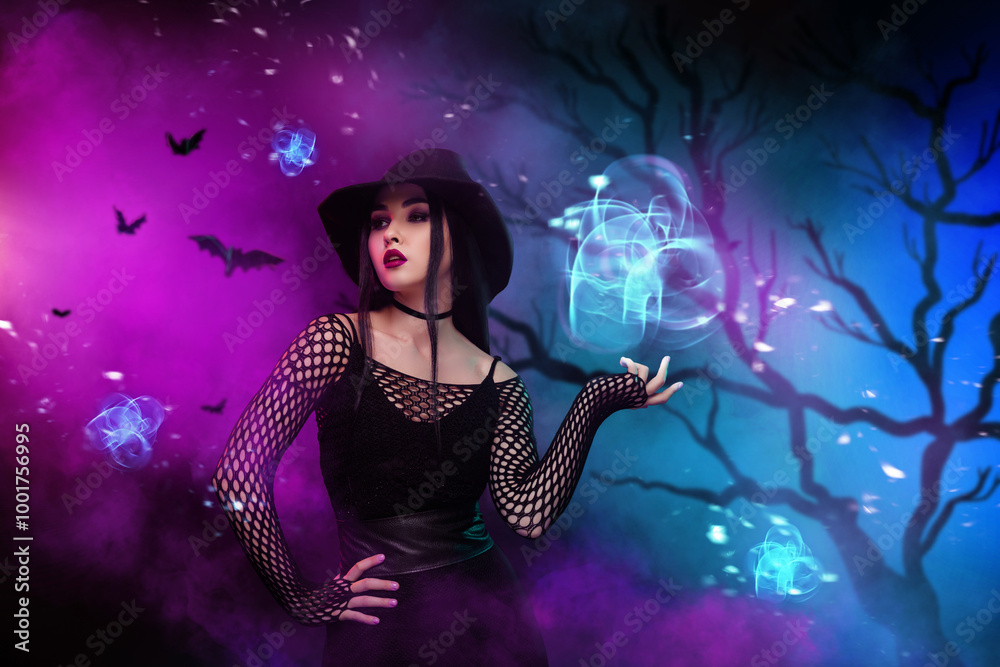 Creative artwork collage of lady witch hold hand cast spell mist for over multicolor dark forest picture background Creative artwork collage of lady witch hold hand cast spell mist for over multicolor dark forest picture background