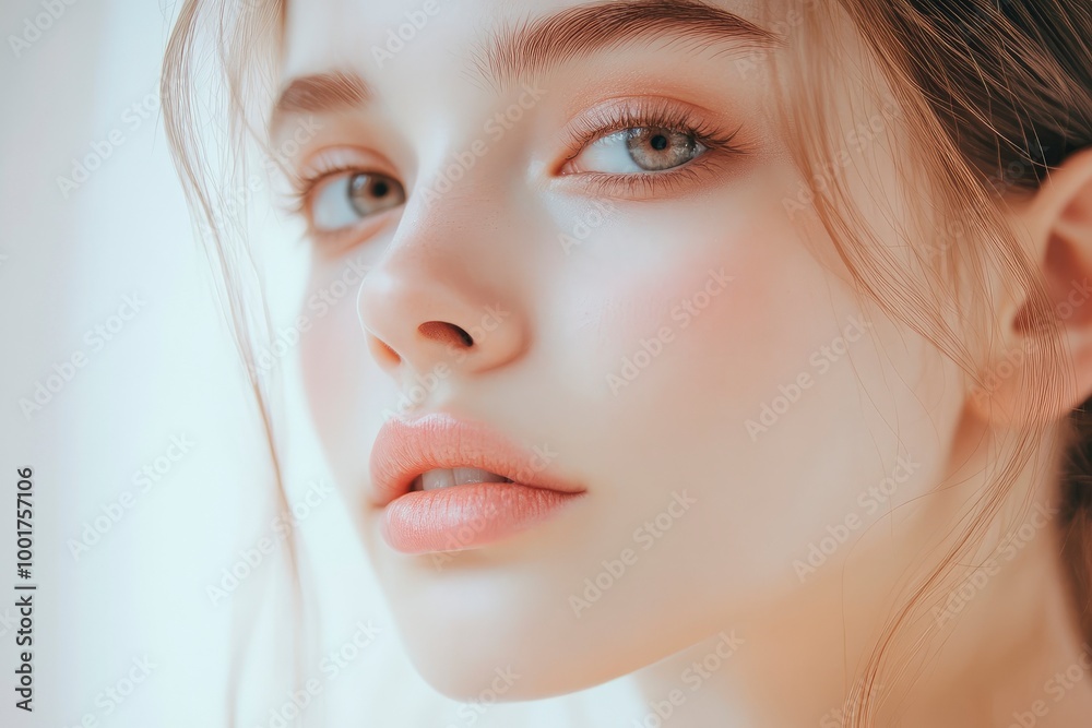 Close-up photo of a beautiful young woman's face with fresh and smooth skin and pink lips with a light background _ smooth skin with skin and body care with generative ai Close-up photo of a beautiful young woman's face with fresh and smooth skin and pink lips with a light background _ smooth skin with skin and body care with generative ai