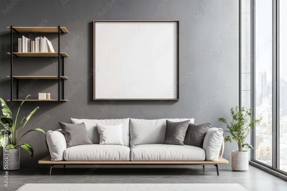 Modern Living Room Interior with Grey Sofa, Shelf, and Mockup Poster Modern Living Room Interior with Grey Sofa, Shelf, and Mockup Poster