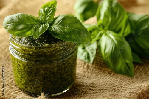 culinary presentation, a jar of pesto sauce with fresh basil leaves on burlap for a rustic charm photo