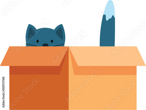 Cute blue cat is peeking out of a cardboard box with its tail sticking out