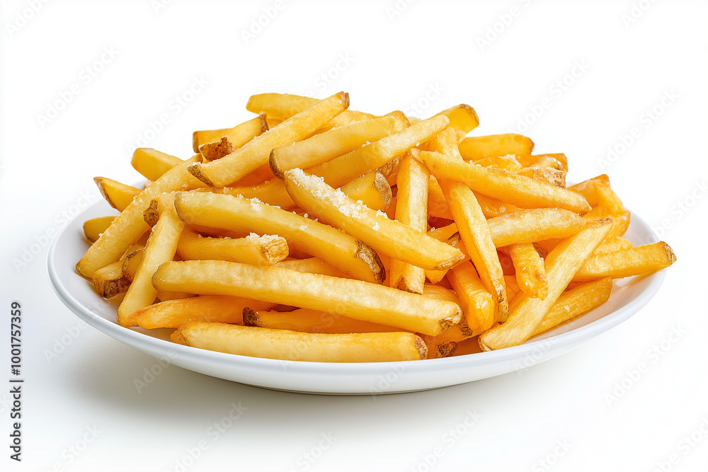 Golden Fry Perfection: Thin-Cut French Fries Piled High on a White Plate, Crispy and Ready to Enjoy Golden Fry Perfection: Thin-Cut French Fries Piled High on a White Plate, Crispy and Ready to Enjoy